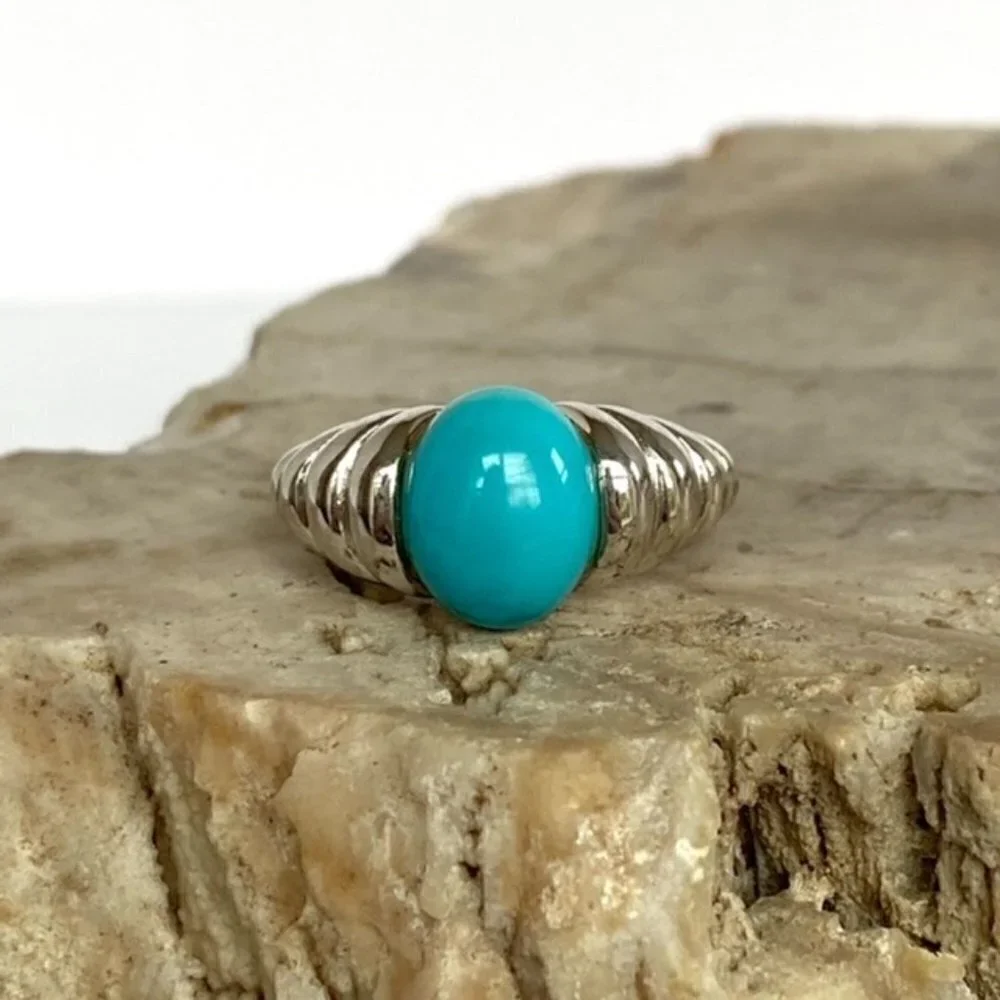 Sterling Silver 925 Modernist Oval Faux Turquoise Tapered Shank Ring Sz 5.25